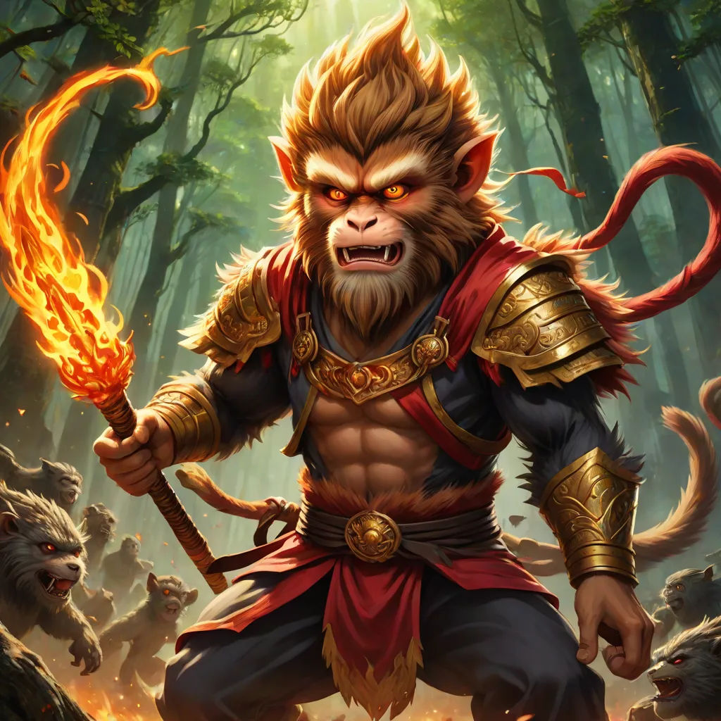 a monkey with a sword and a demon face on it's face, holding a flame in his hand, fantasy art, concept art, Dai Jin, key art