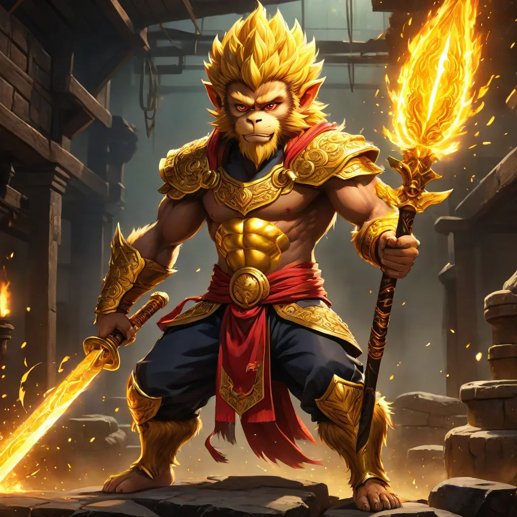 a monkey with a sword and a fire in his hand is standing in a cave with a fireball, fantasy art, concept art, Dai Jin, rossdraws global illumination