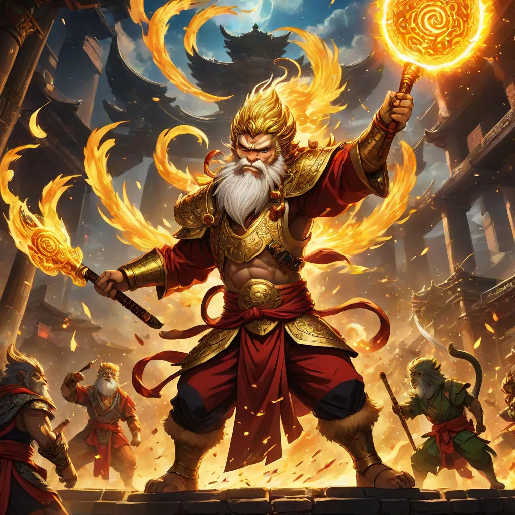 a man with a beard and a beard holding a fire ball in his hand and surrounded by other men, fantasy art, concept art, Dai Jin, hearthstone