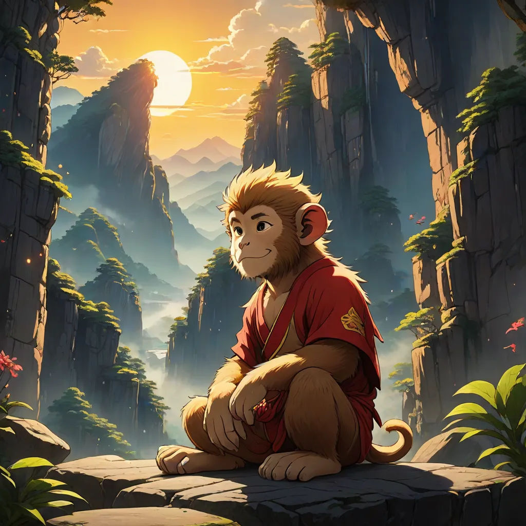 a monkey sitting on a rock in a forest with a sunset in the background and a mountain range in the background, furry art, concept art, Chris LaBrooy, rossdraws global illumination