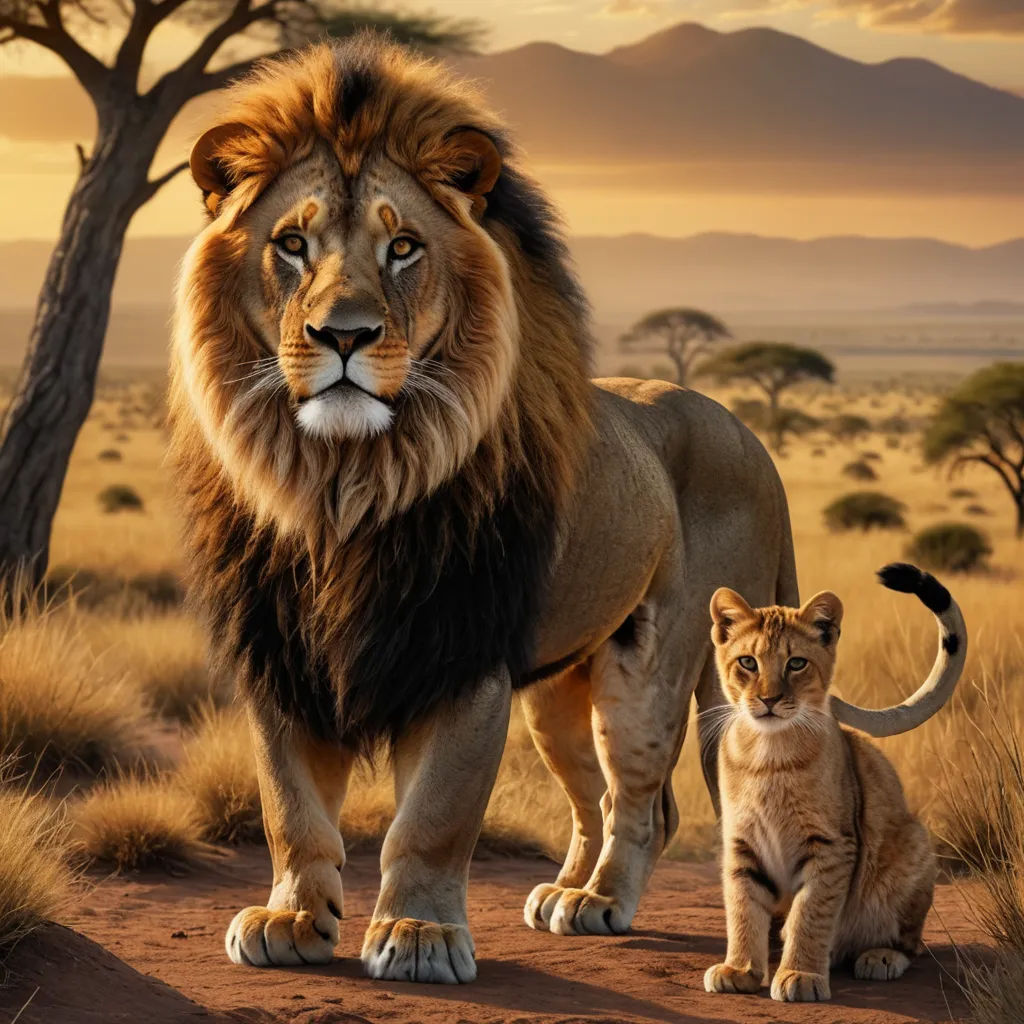 a lion and a kitten standing on a dirt road in the wild with a sunset in the background and a mountain range in the distance, photorealism, a photorealistic painting, Brothers Hildebrandt, photoreal