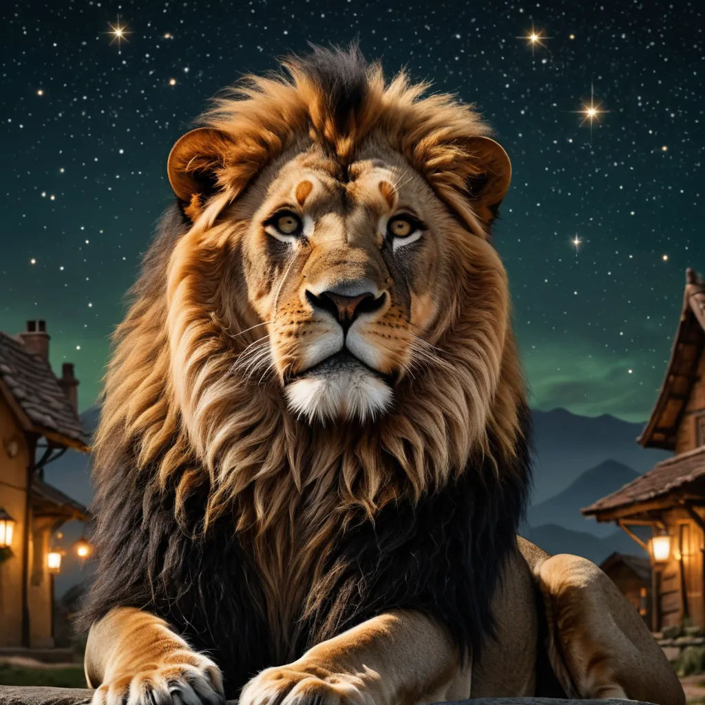 a lion sitting on a rock in front of a house with a night sky background and stars in the sky, magical realism, poster art, Chris LaBrooy, promotional image