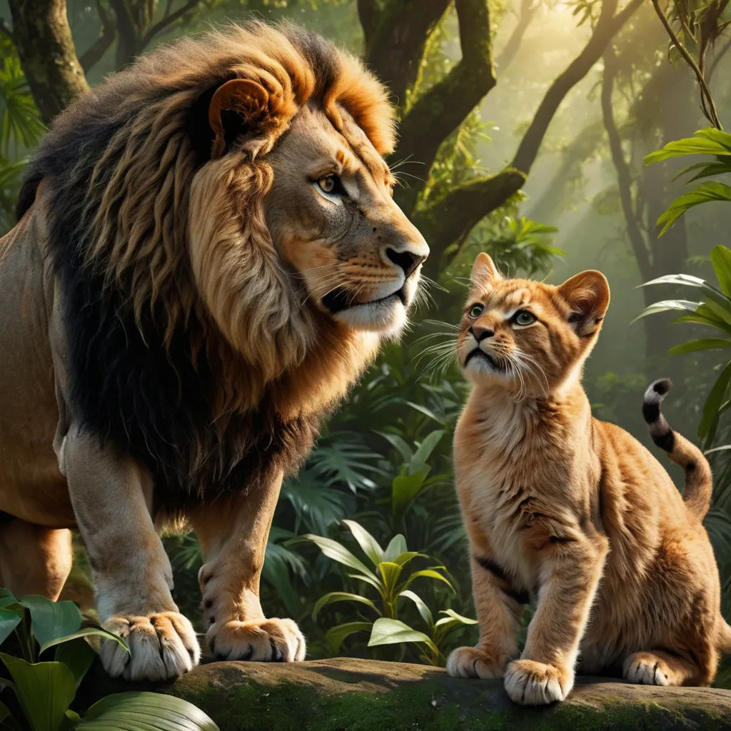 a lion and a kitten standing in the jungle together, looking at each other with a bright light shining on them, furry art, a poster, Carlos Catasse, promotional image