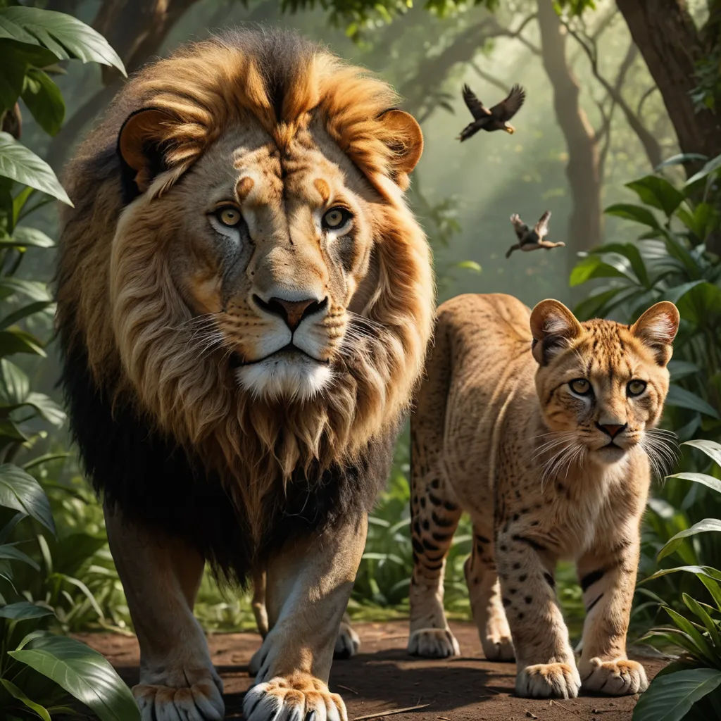 a lion and a cub walking in the jungle together, with a bird flying overhead in the background,, naturalism, a poster, Chris LaBrooy, imax 70 mm footage
