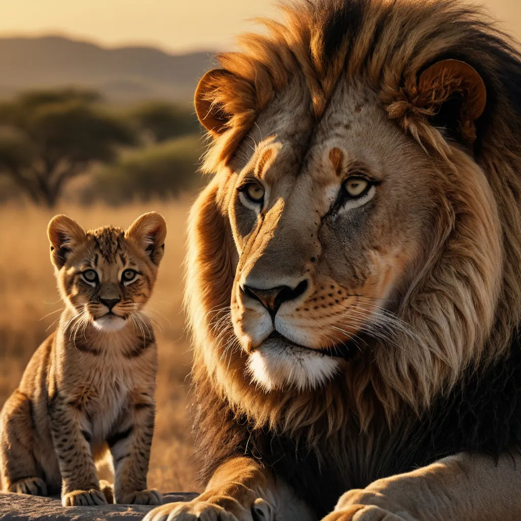 a lion and a kitten sitting in a field of grass with mountains in the background and a sunset in the distance, art photography, a poster, Brothers Hildebrandt, wildlife photography