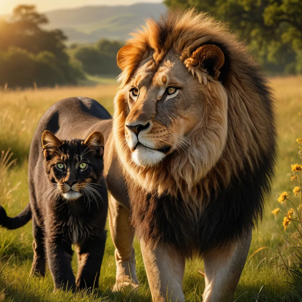 a lion and a cat walking in a field of grass with trees in the background and a sunset in the background, furry art, a stock photo, Chris LaBrooy, animal photography
