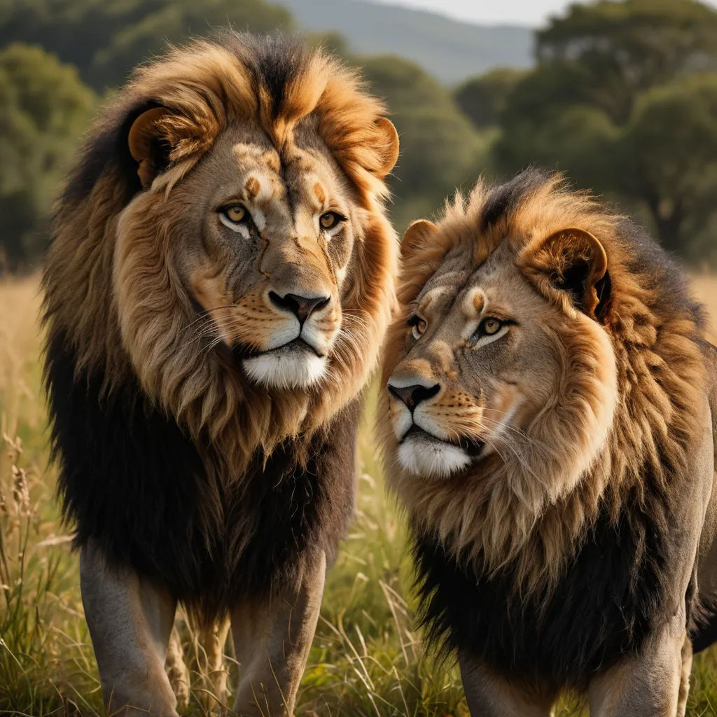 two lions walking in a field of tall grass with trees in the background and a hill in the distance, sumatraism, a stock photo, Brothers Hildebrandt, wildlife photography