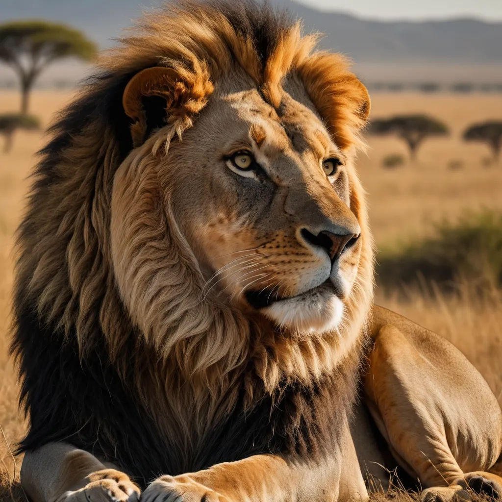 a lion laying in the grass with other animals in the background in the wild, with a sky background, sumatraism, a stock photo, Darrell Riche, wildlife photography