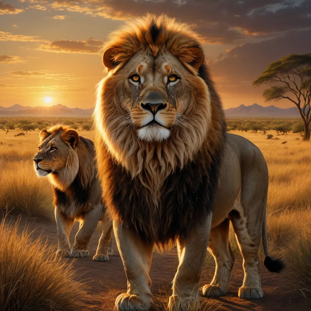 a lion and a lioness standing in a field at sunset with a sky background and clouds in the background, sumatraism, a digital painting, Brothers Hildebrandt, wildlife photography