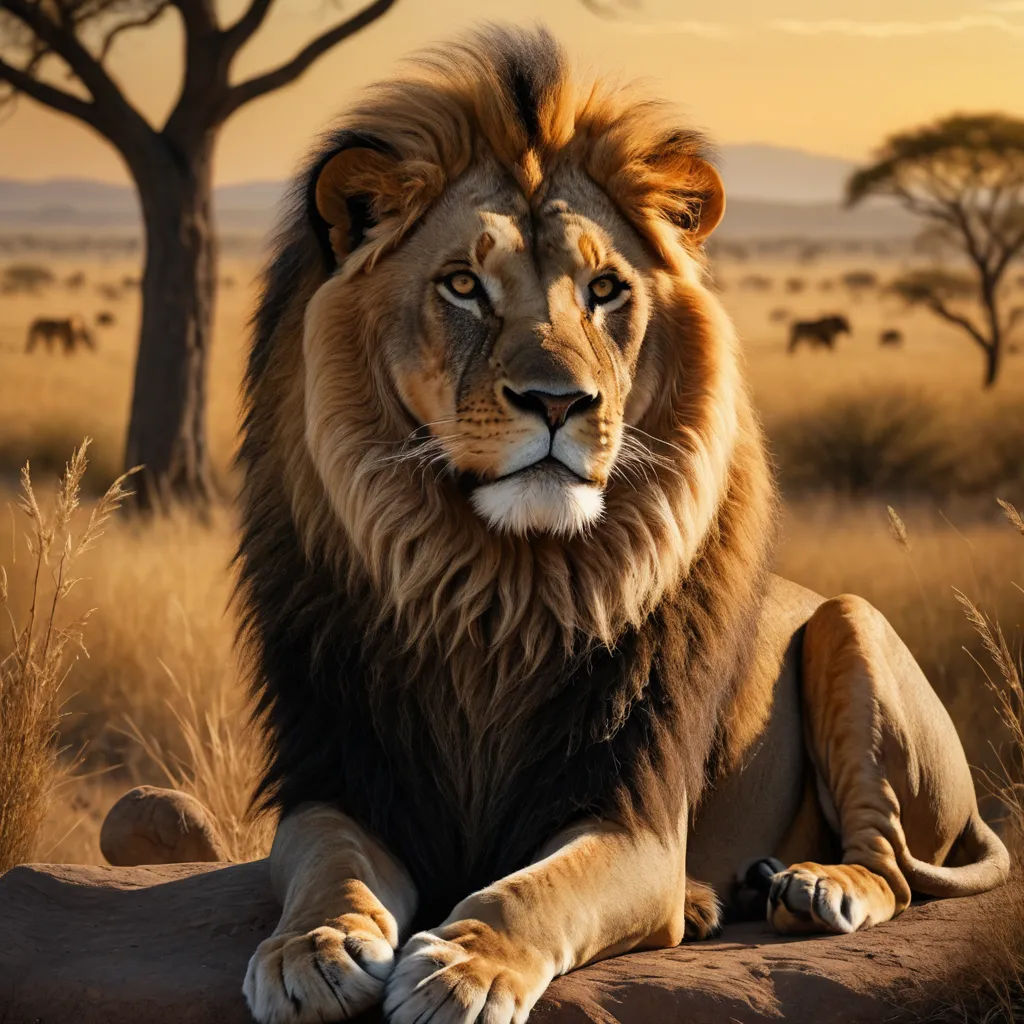 a lion sitting on a rock in the middle of a field with trees in the background and a sunset, sumatraism, a photorealistic painting, Carlos Catasse, wildlife photography
