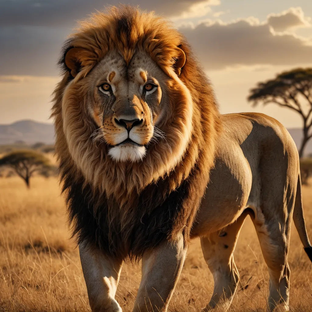 a lion standing in a field with trees in the background and a cloudy sky in the background, with a single tree in the foreground, sumatraism, a photorealistic painting, Carlos Catasse, wildlife photography