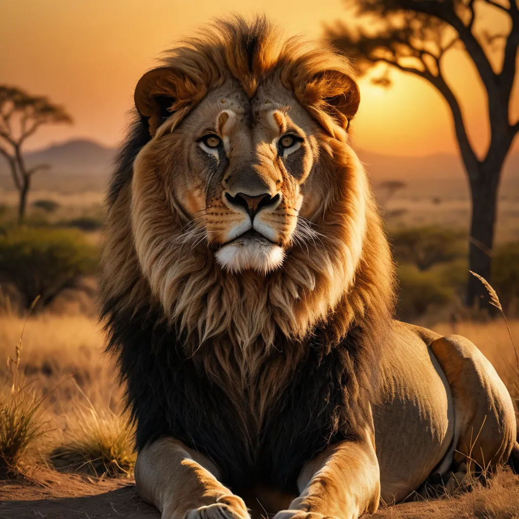 a lion sitting in the middle of a field at sunset with a tree in the background and a sky with clouds, sumatraism, a photorealistic painting, Carlos Catasse, wildlife photography