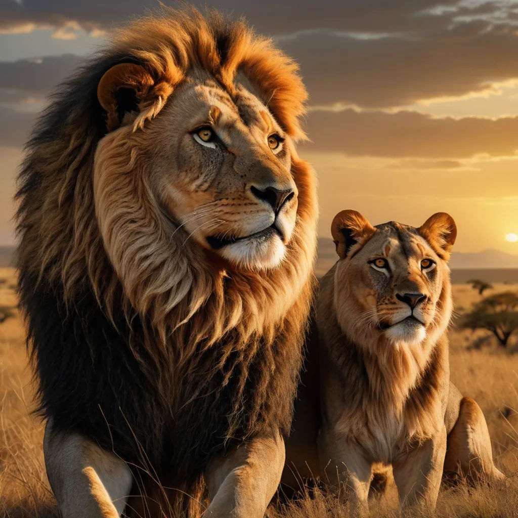 a lion and a lioness walking in a field at sunset with the sun behind them and a cloudy sky, furry art, a photorealistic painting, Chris LaBrooy, wildlife photography