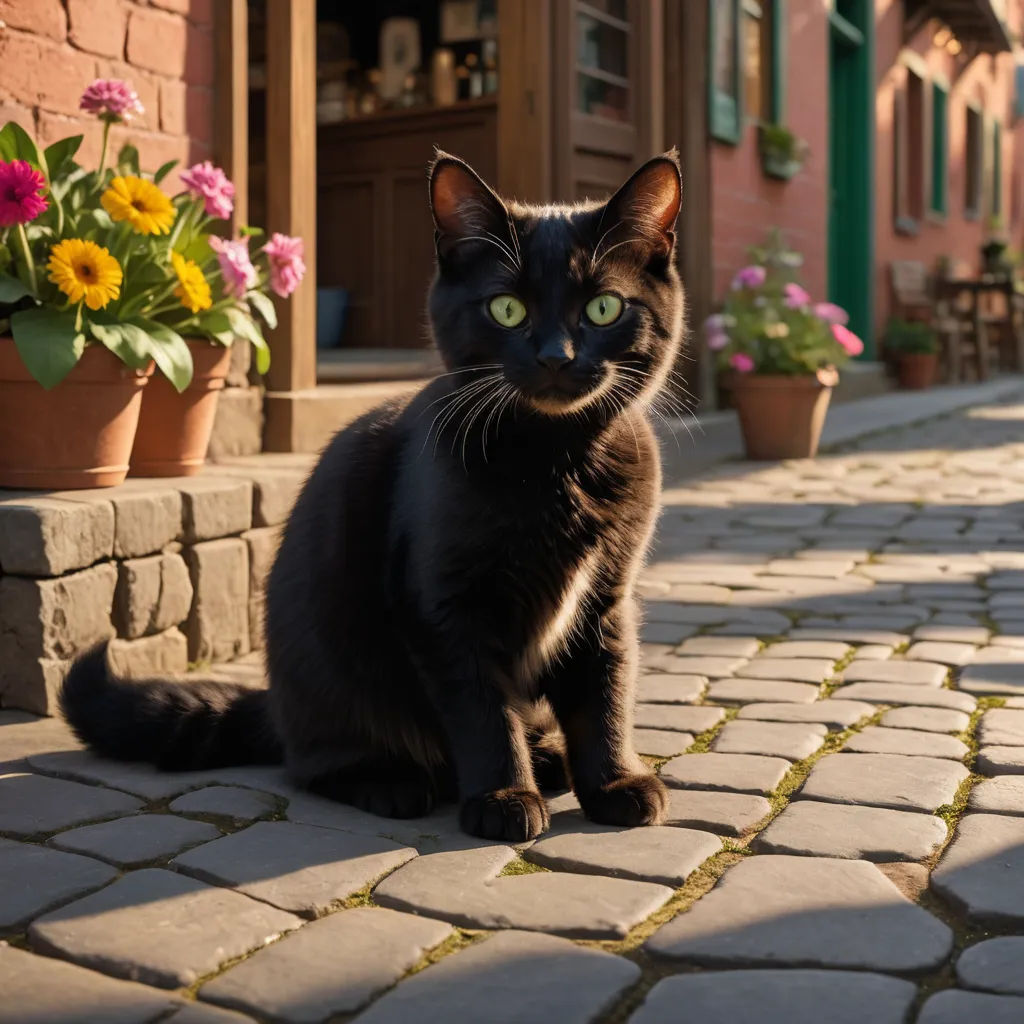 a black cat sitting on a cobblestone street next to potted flowers and a building with a door, magic realism, a stock photo, Evgeny Lushpin, tone mapping