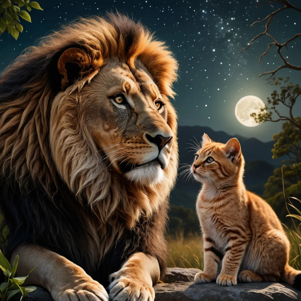 a cat and a lion sitting on a rock in the night sky with a full moon in the background, furry art, a digital painting, Carlos Catasse, highly detailed digital painting