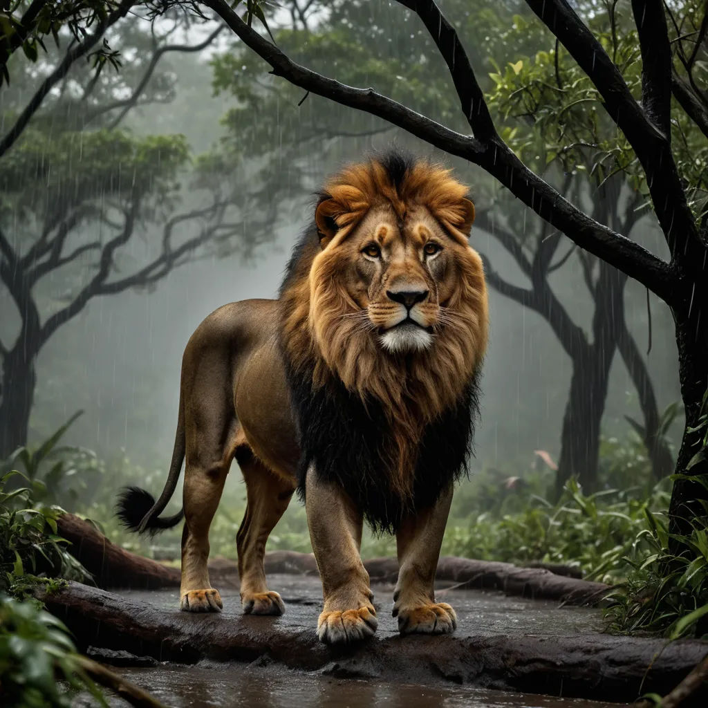 a lion standing on a log in the rain in a forest with trees and bushes behind it, with a rain falling on the ground, photorealism, a photorealistic painting, Chris LaBrooy, wildlife photography