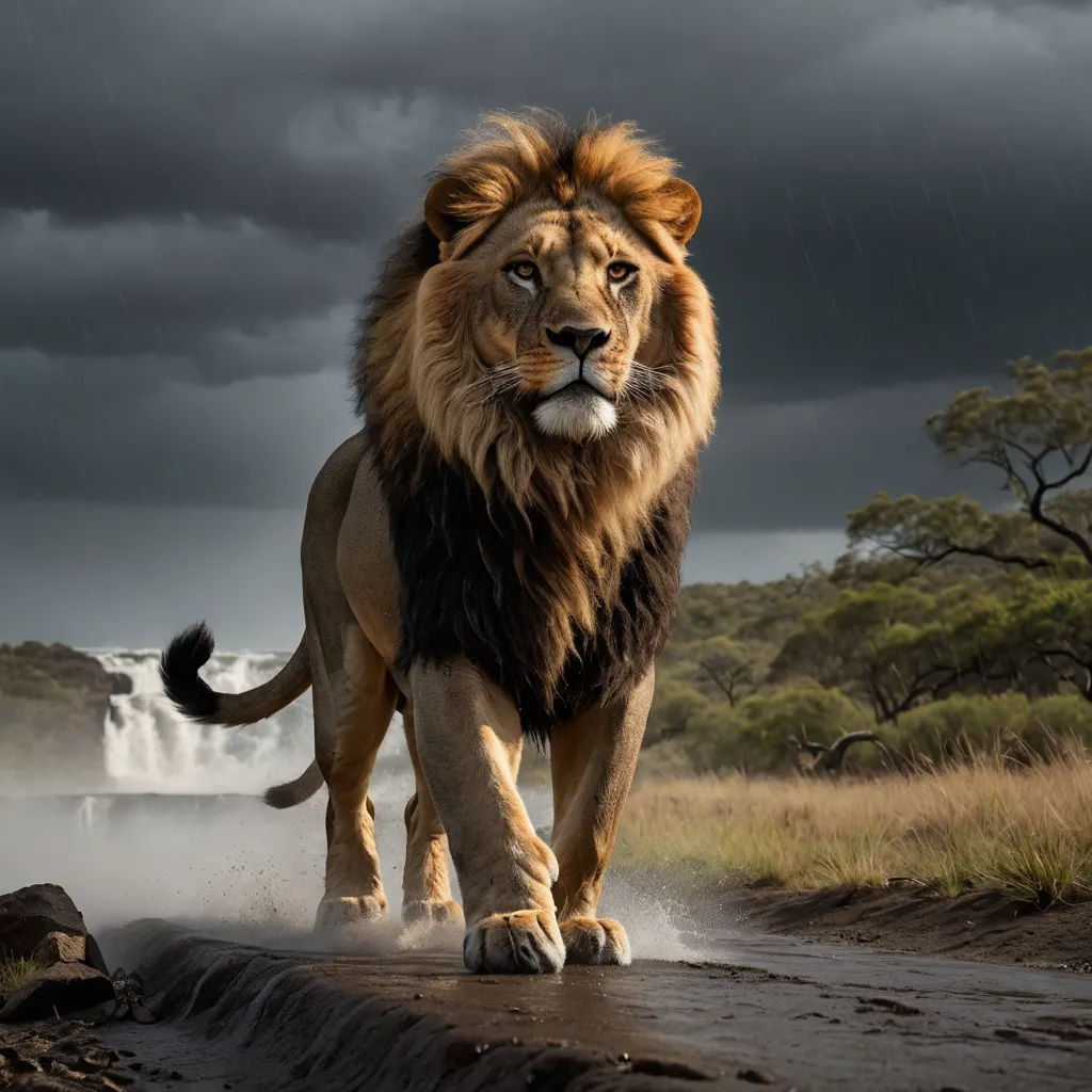 a lion walking across a wet road under a cloudy sky with a waterfall in the background and a tree in the foreground, art photography, a photorealistic painting, Chris LaBrooy, wildlife photography