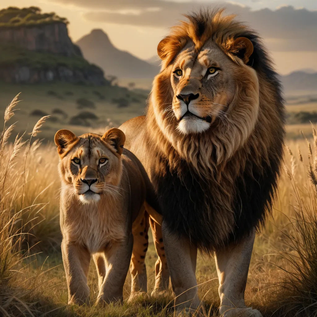 a lion and a lioness standing in a field of grass with mountains in the background and a cloudy sky, art photography, an oil painting, Chris LaBrooy, wildlife photography