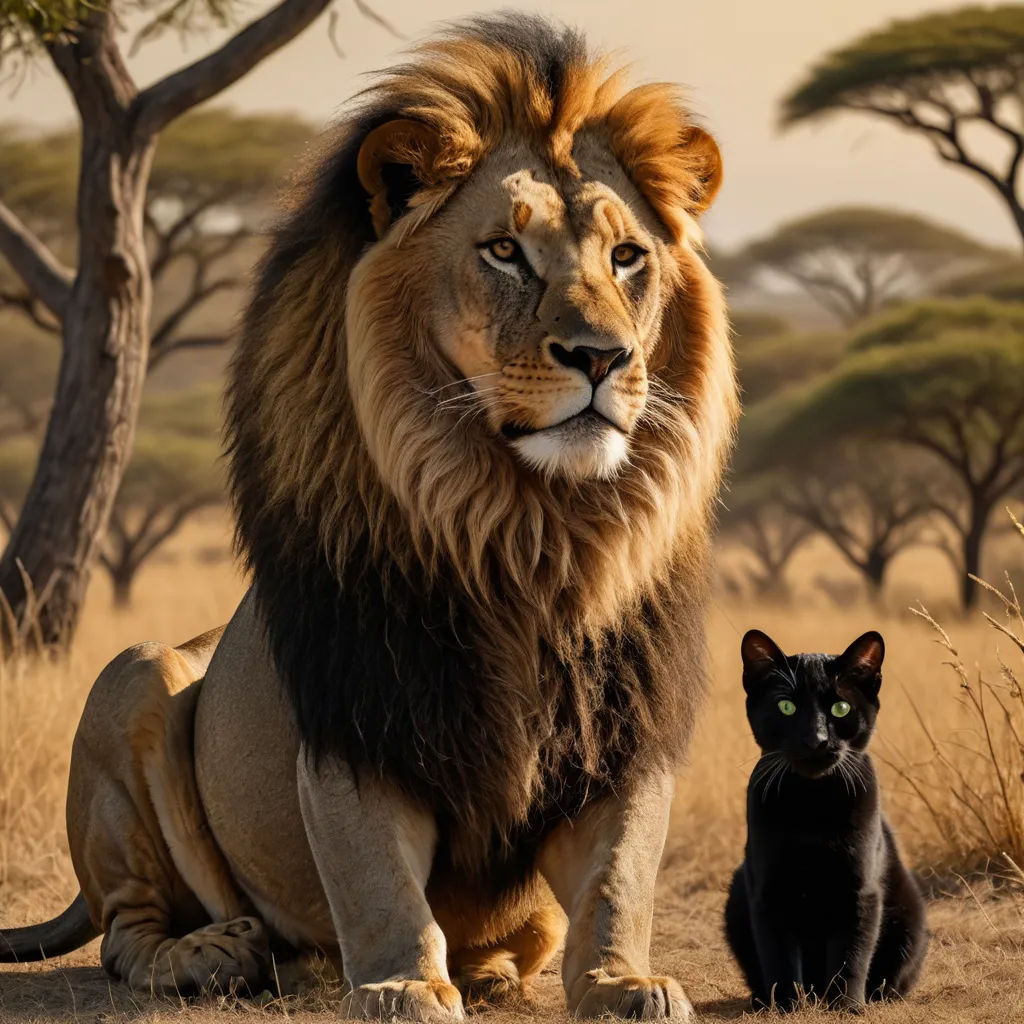 a lion and a black cat sitting in the grass in front of trees and a tree trunk in the background, sumatraism, a matte painting, Carlos Catasse, animal photography