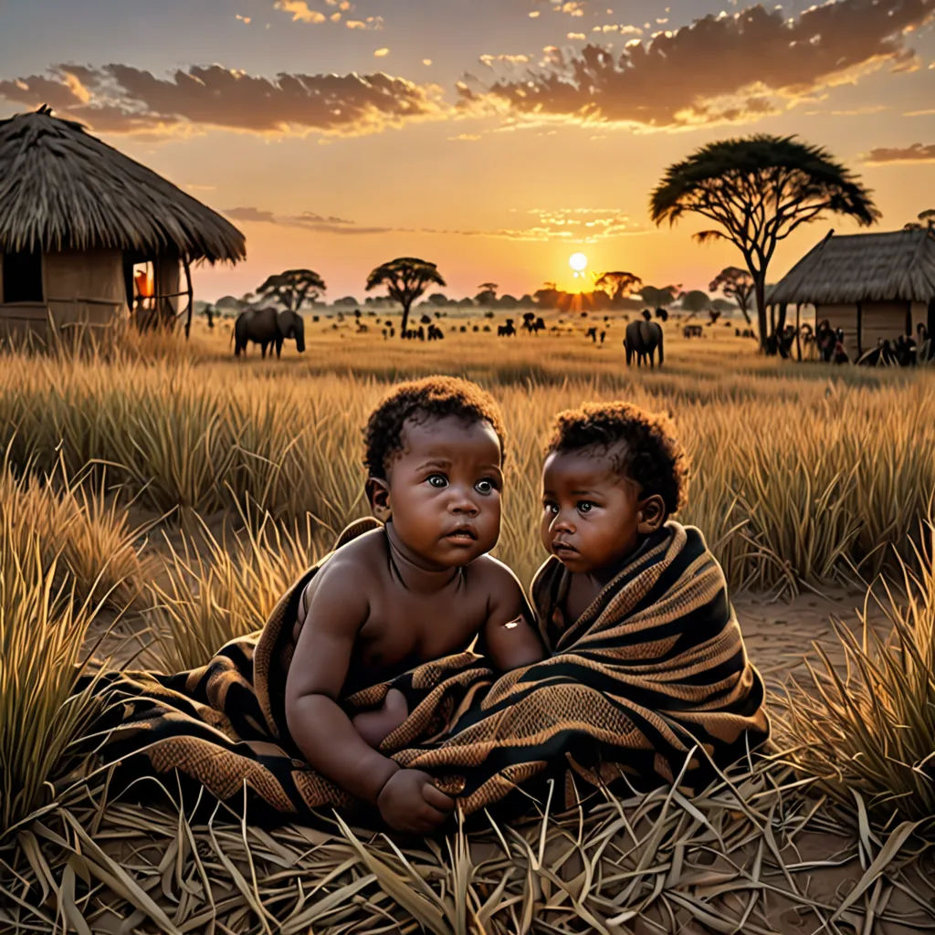 two children wrapped in a blanket sitting in a field of grass with elephants in the background at sunset in africa, art photography, a photorealistic painting, Art Brenner, award - winning photography