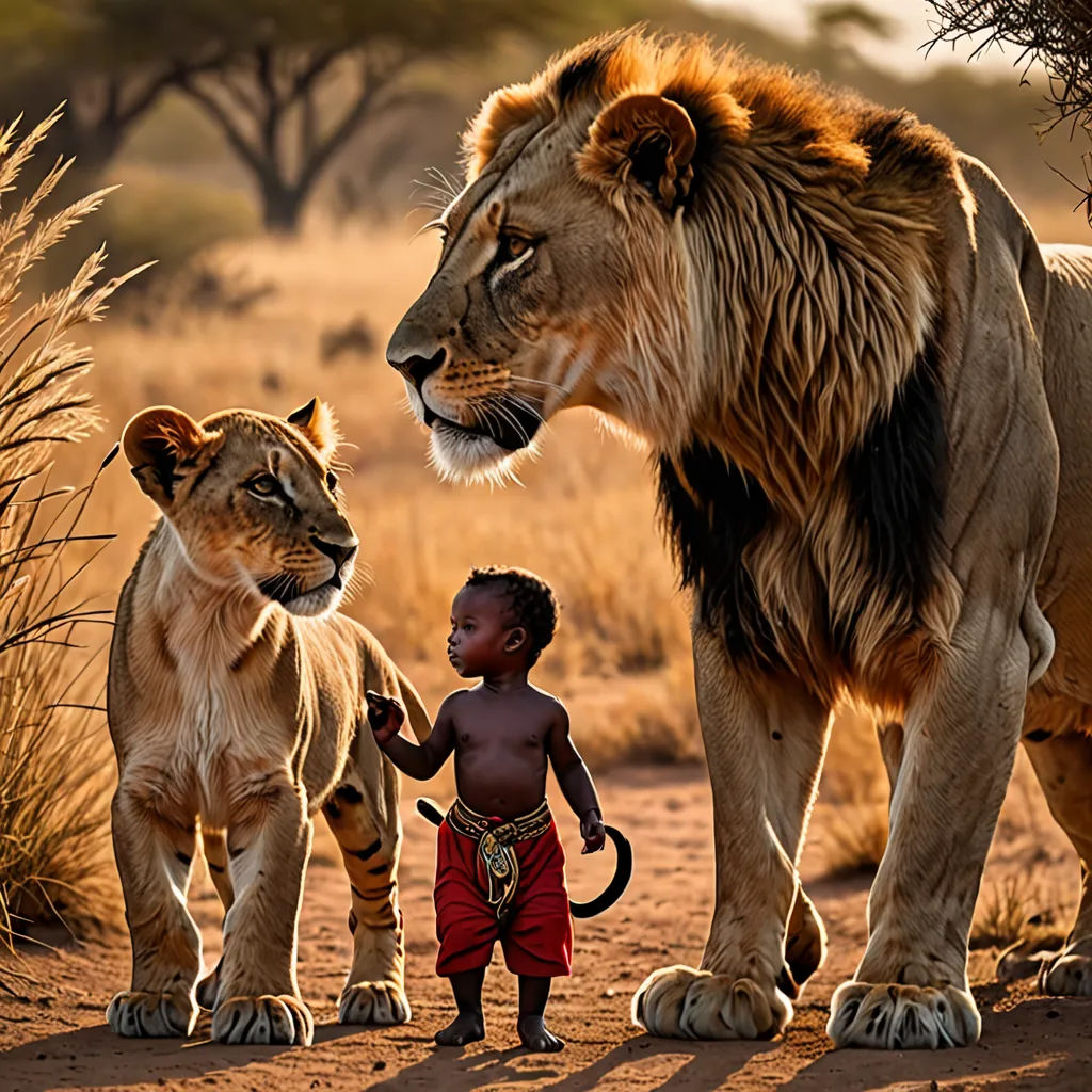 a young boy standing next to two lions in a field of grass and bushes with trees in the background, art photography, a colorized photo, Art Brenner, wildlife photography