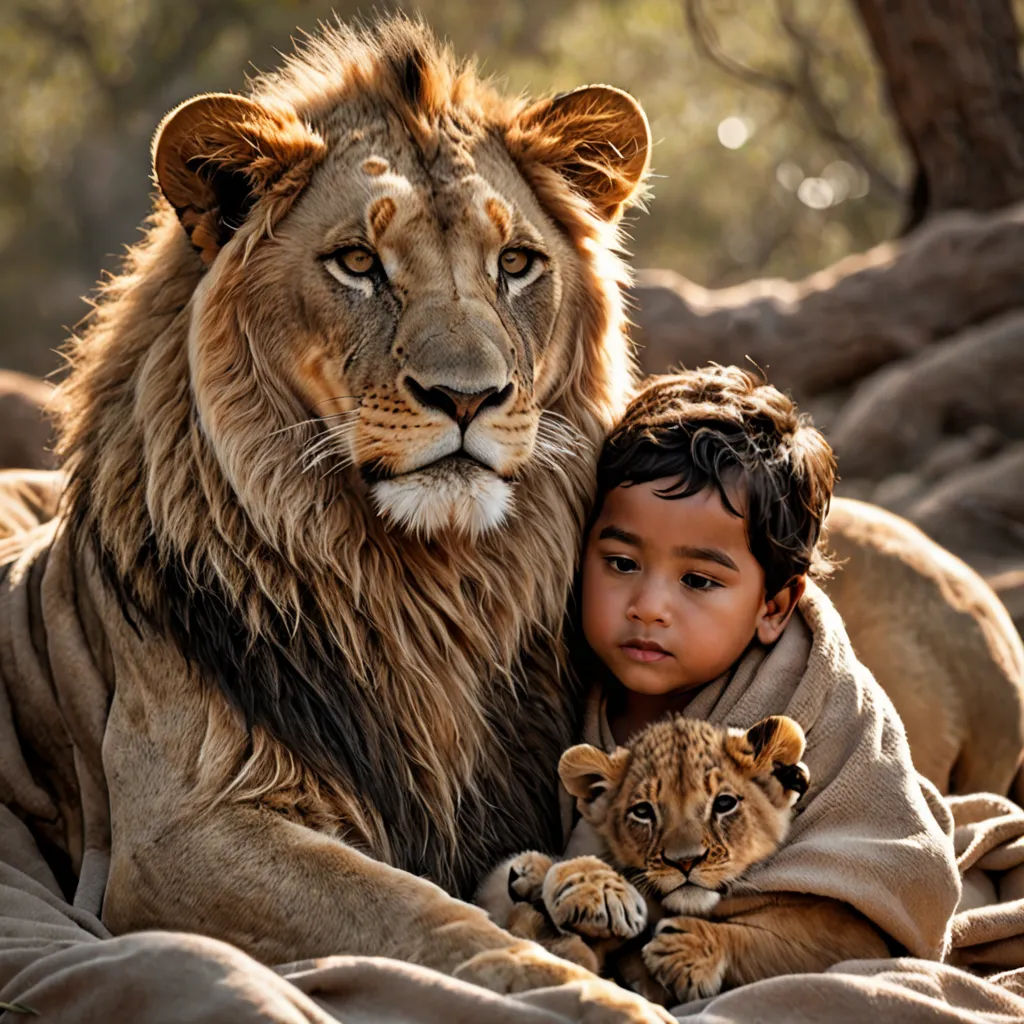 a young boy is hugging a lion in the wilderness with a lion cub in his lap, while the lion looks on, naturalism, a storybook illustration, Daniel Lieske, wildlife photography