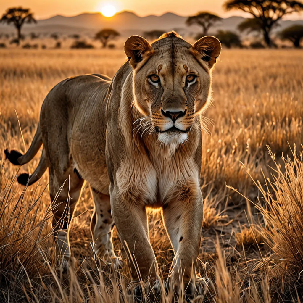 a lion walking through a field of tall grass at sunset with a mountain in the background and a sun setting, naturalism, a photorealistic painting, Art Brenner, wildlife photography