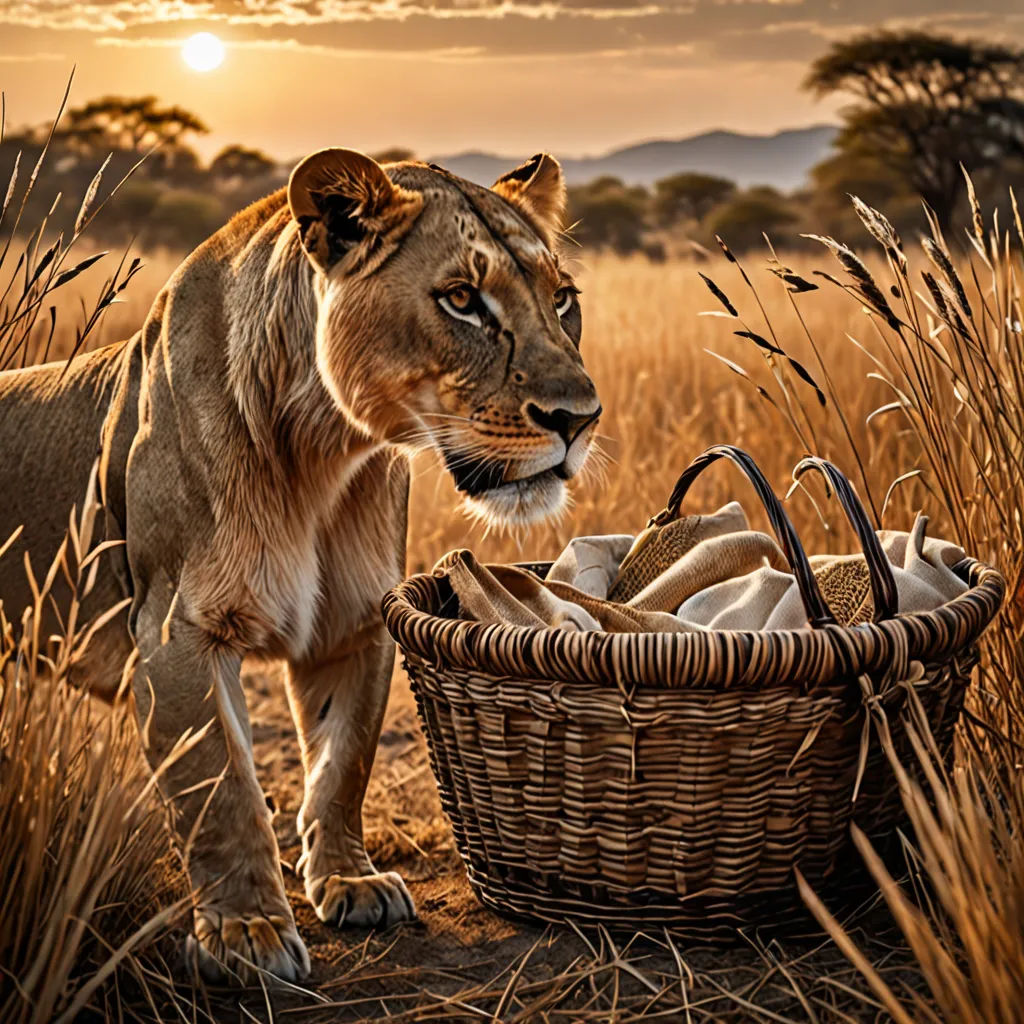 a lion standing next to a basket of clothes in a field of tall grass with the sun setting behind it, art photography, a photorealistic painting, Art Brenner, wildlife photography
