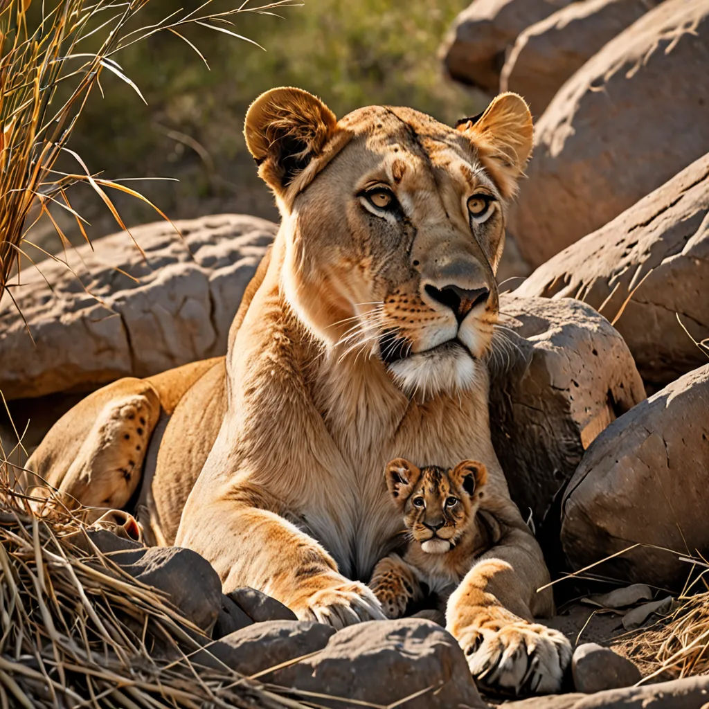a lion and a kitten sitting on a rock together in the wild, with grass and rocks in the background, naturalism, a jigsaw puzzle, Art Brenner, wildlife photography