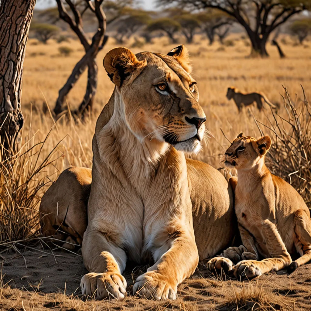 a lion and a cub sitting in the grass under a tree in the wild with other animals in the background, naturalism, a jigsaw puzzle, Art Brenner, wildlife photography