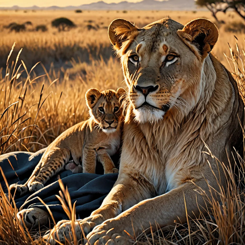 a lion and her cub are sitting in the grass in the wild together, with a sunset in the background, naturalism, a jigsaw puzzle, Art Brenner, wildlife photography