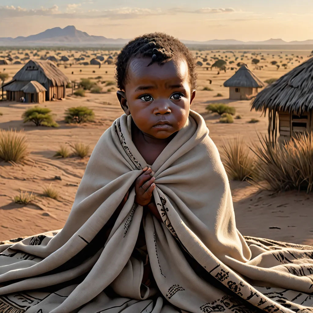 a young child wrapped in a blanket in a desert setting with a village in the background and a desert landscape, art photography, a photorealistic painting, Arie Smit, award-winning photograph