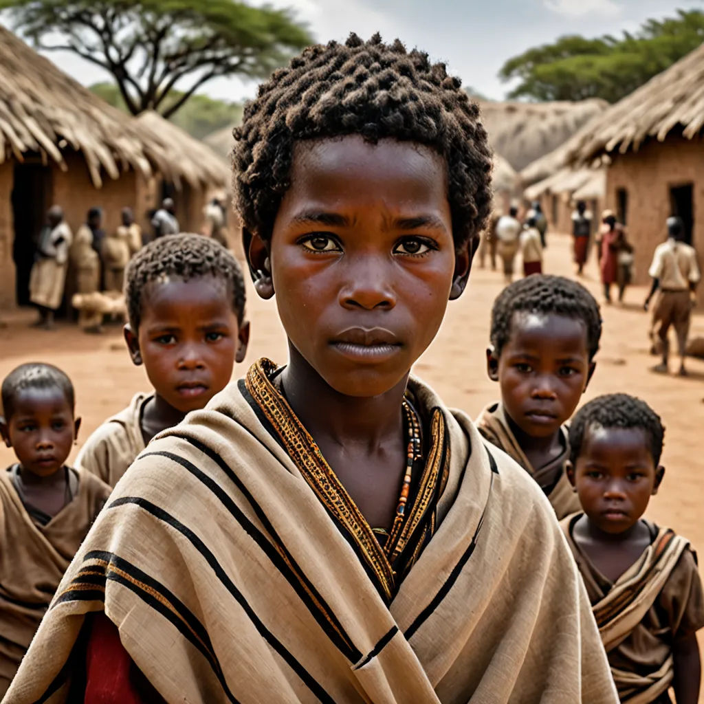 a group of children standing in front of a hut with thatched roof tops on it and a woman in a brown dress, primitivism, a photo, Daniel Lieske, award-winning photograph