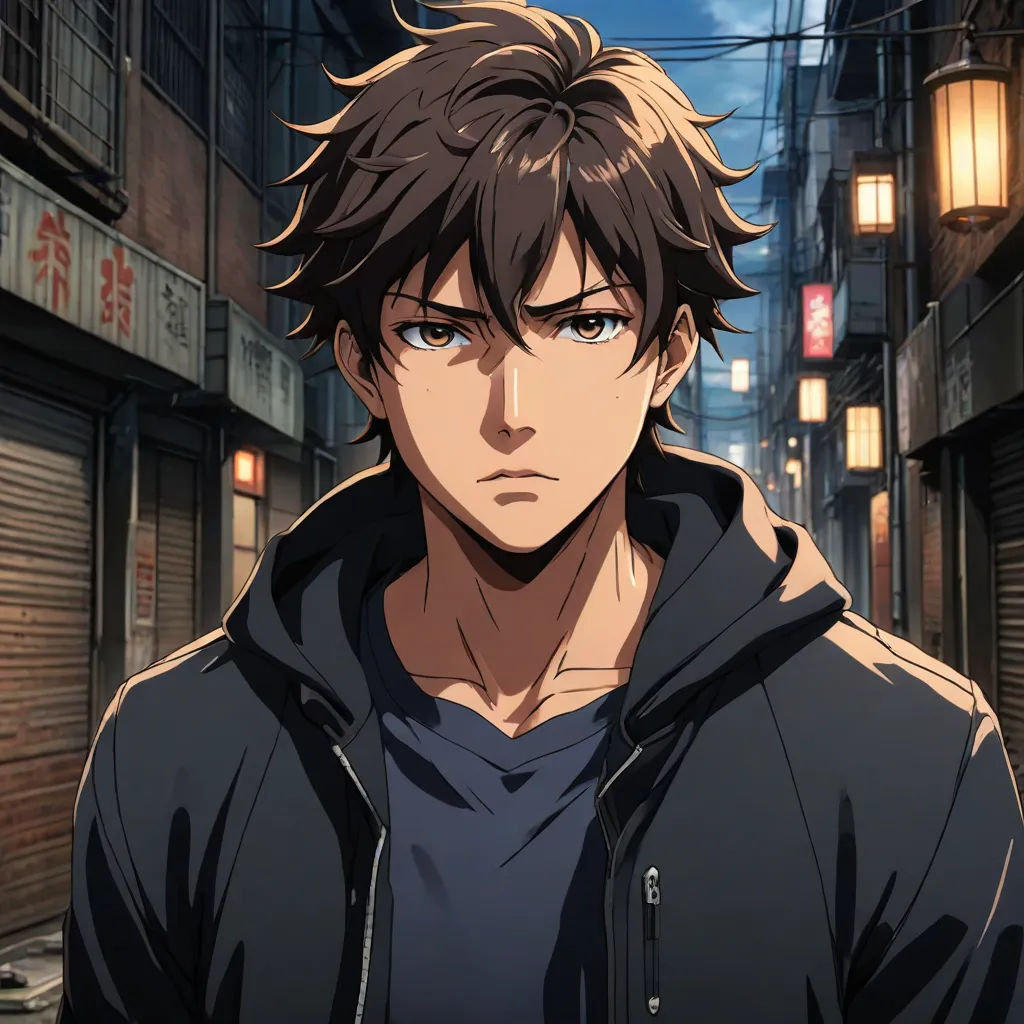 a man in a black jacket standing in a alley way with a dark background and a street light in the background, Cedric Seaut (Keos Masons), photorealism, a character portrait, ufotable