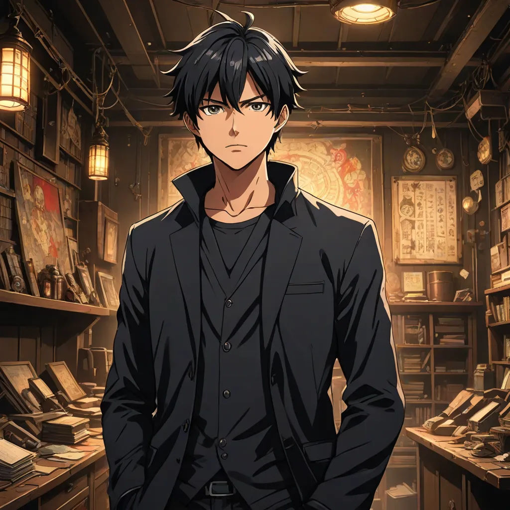 a man standing in a room with lots of books on the shelves and a clock on the wall behind him, artist, vanitas, a character portrait, official art
