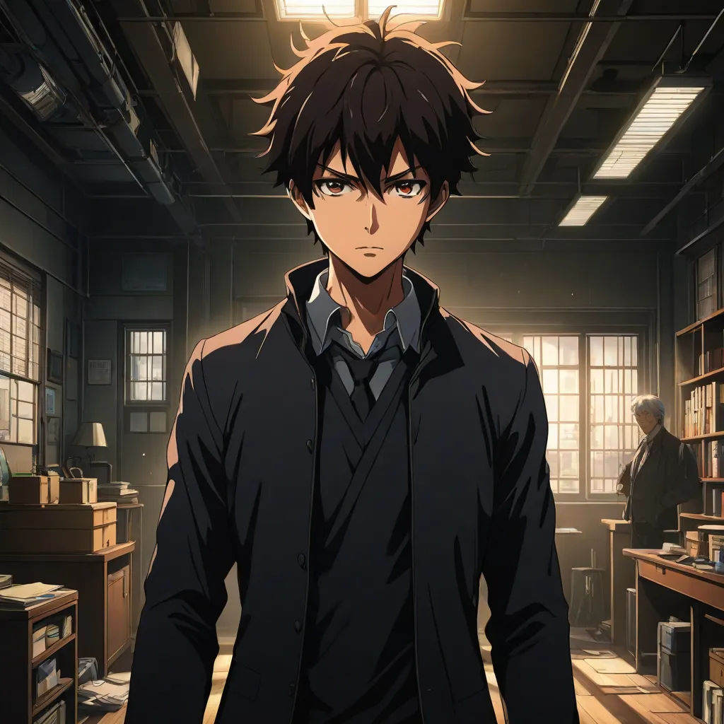 a man in a dark room with a light on his head and a book shelf in the background with books, Aguri Uchida, dau-al-set, a character portrait, anime key visual