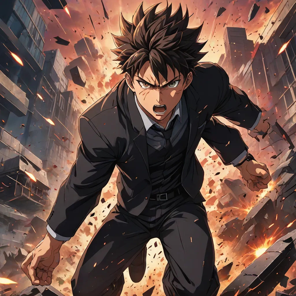 a man in a suit and tie running through a city with a huge explosion of buildings behind him and a building that has been destroyed, Eizan Kikukawa, sots art, poster art, ufotable