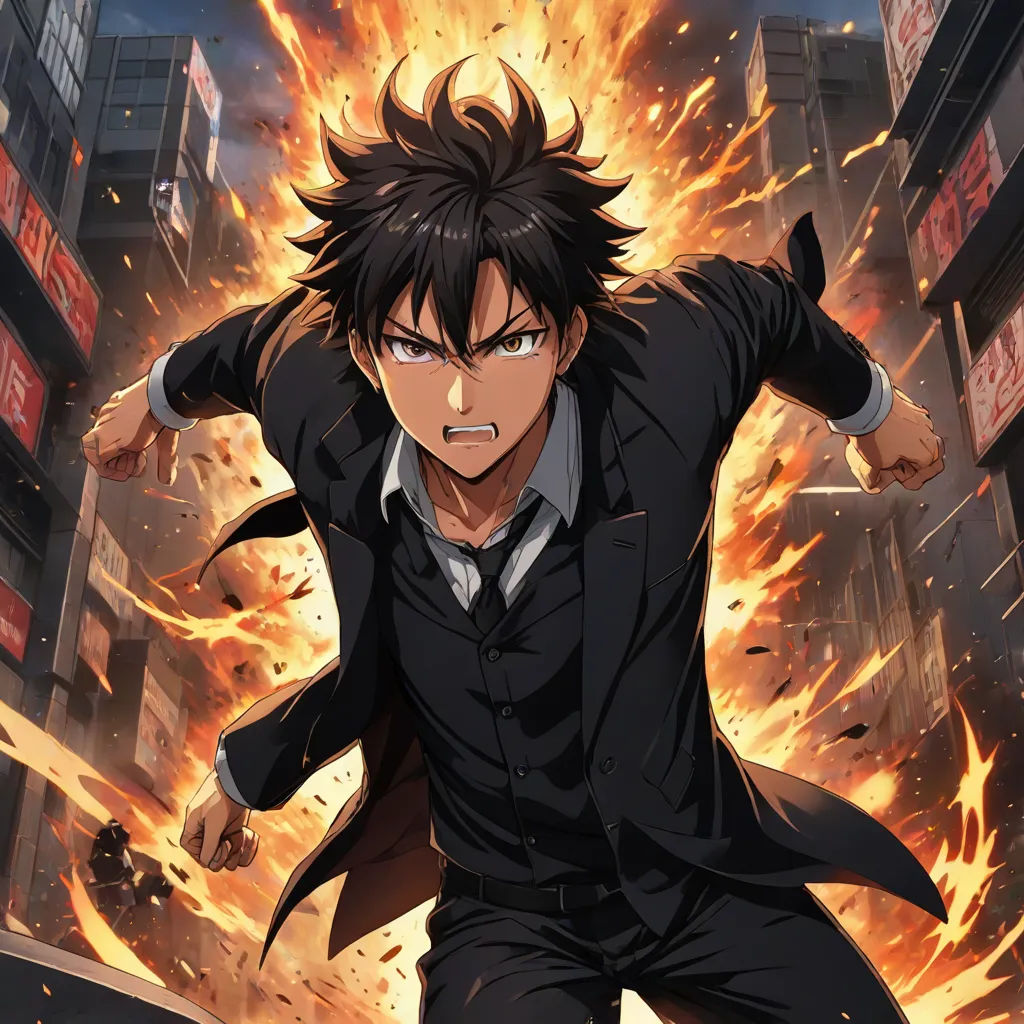 a man in a suit is in front of a fire and buildings with his arms out and his hands out, Eizan Kikukawa, auto-destructive art, concept art, ufotable
