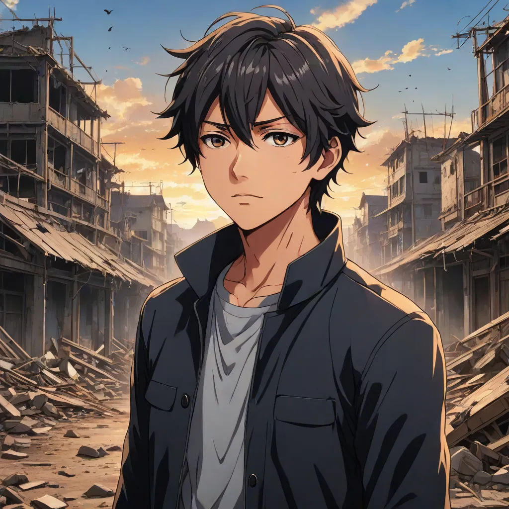 a man standing in a destroyed city with a sky background and a bird flying overhead in the distance,, Aguri Uchida, sots art, a character portrait, official art
