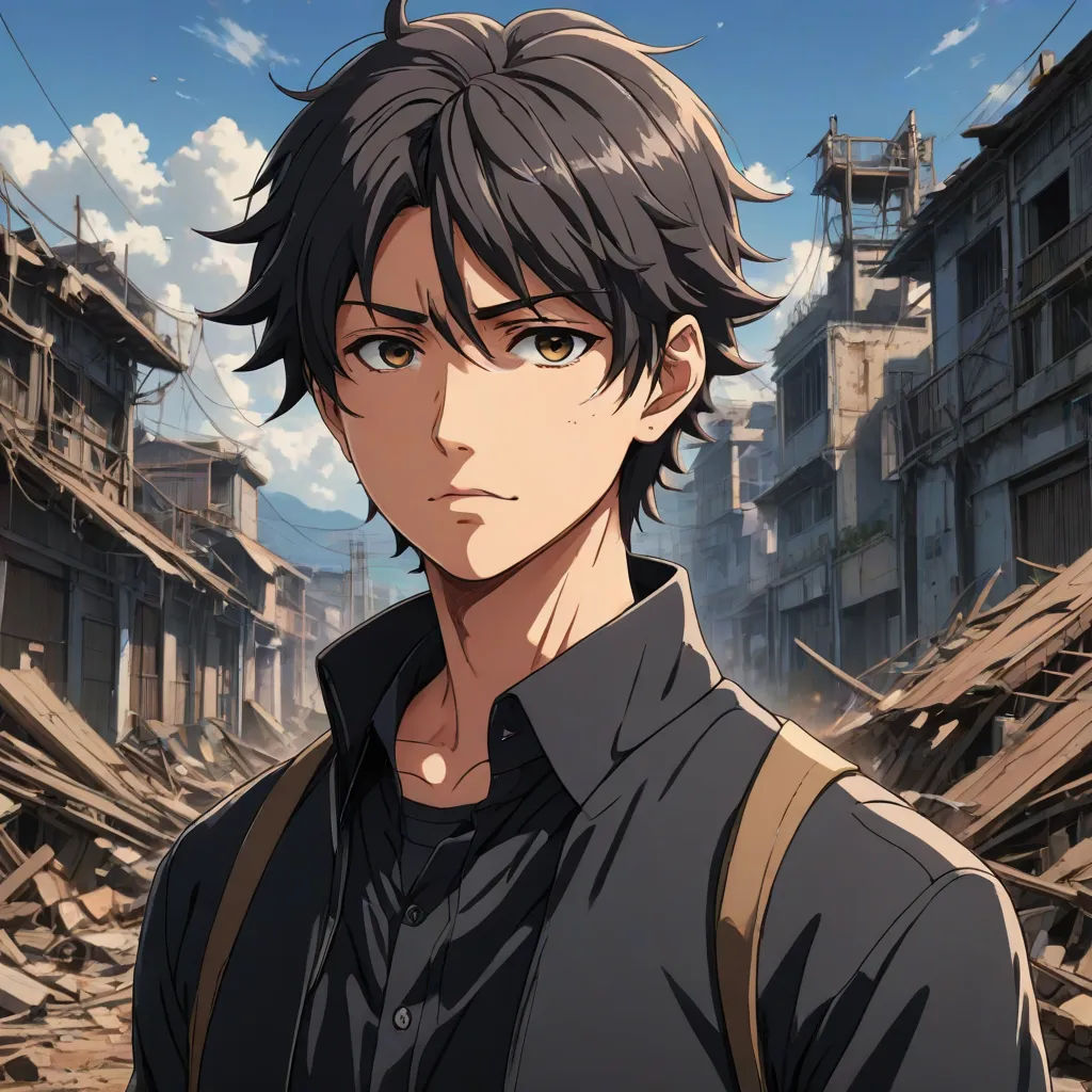 a man with black hair and a black shirt is standing in a destroyed city street with buildings and a sky background, Aguri Uchida, serial art, a character portrait, official art