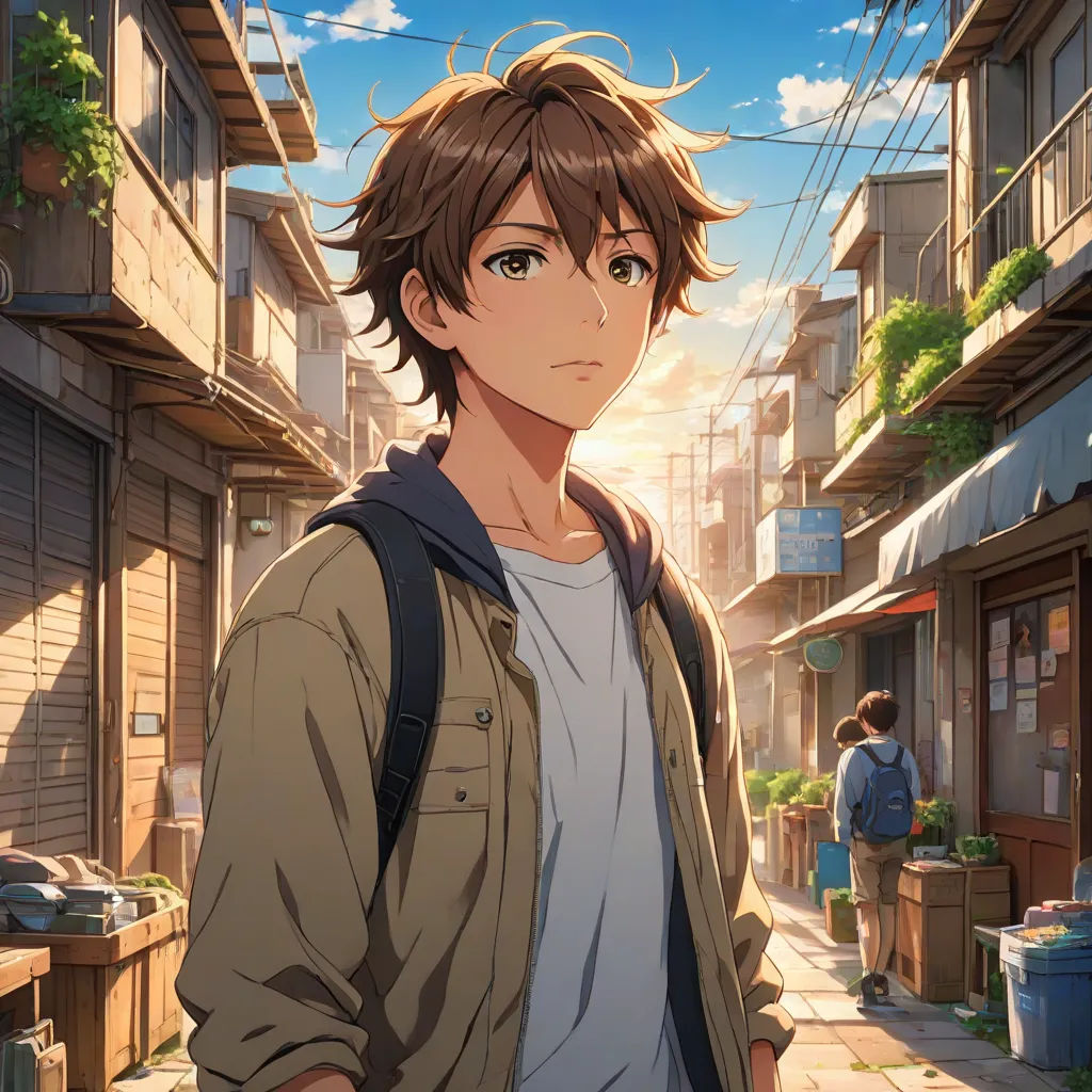 a man standing in a street with a backpack on his shoulder and a woman walking behind him in the background, Ai-Mitsu, sots art, concept art, anime key visual