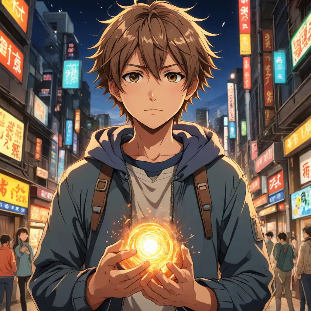 a man holding a glowing ball in a city at night with people walking around him and a lot of signs, Ai-Mitsu, shock art, concept art, rossdraws global illumination