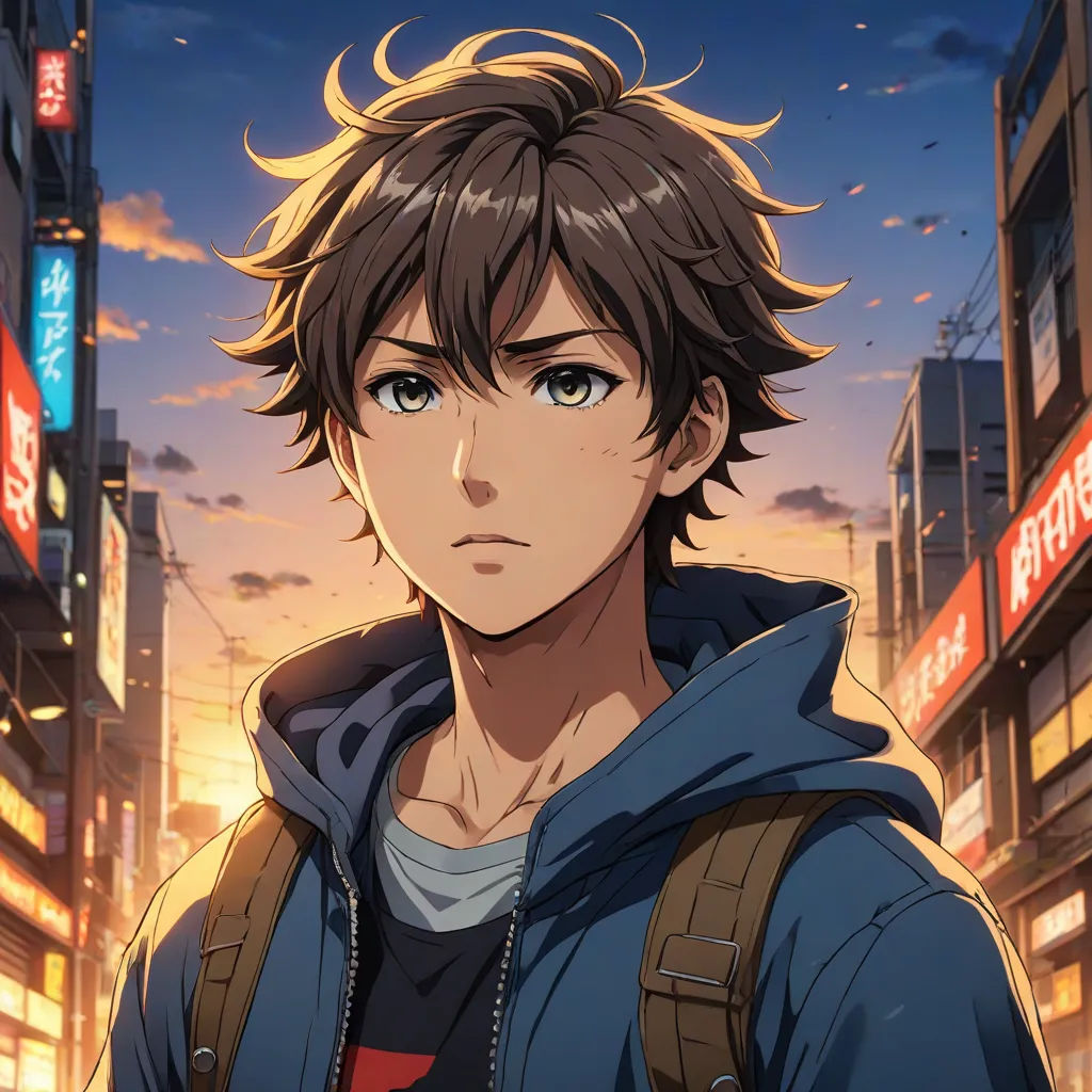 a man with a backpack looking at the camera in a city at sunset with buildings and signs in the background, Adam Manyoki, sots art, a character portrait, official art