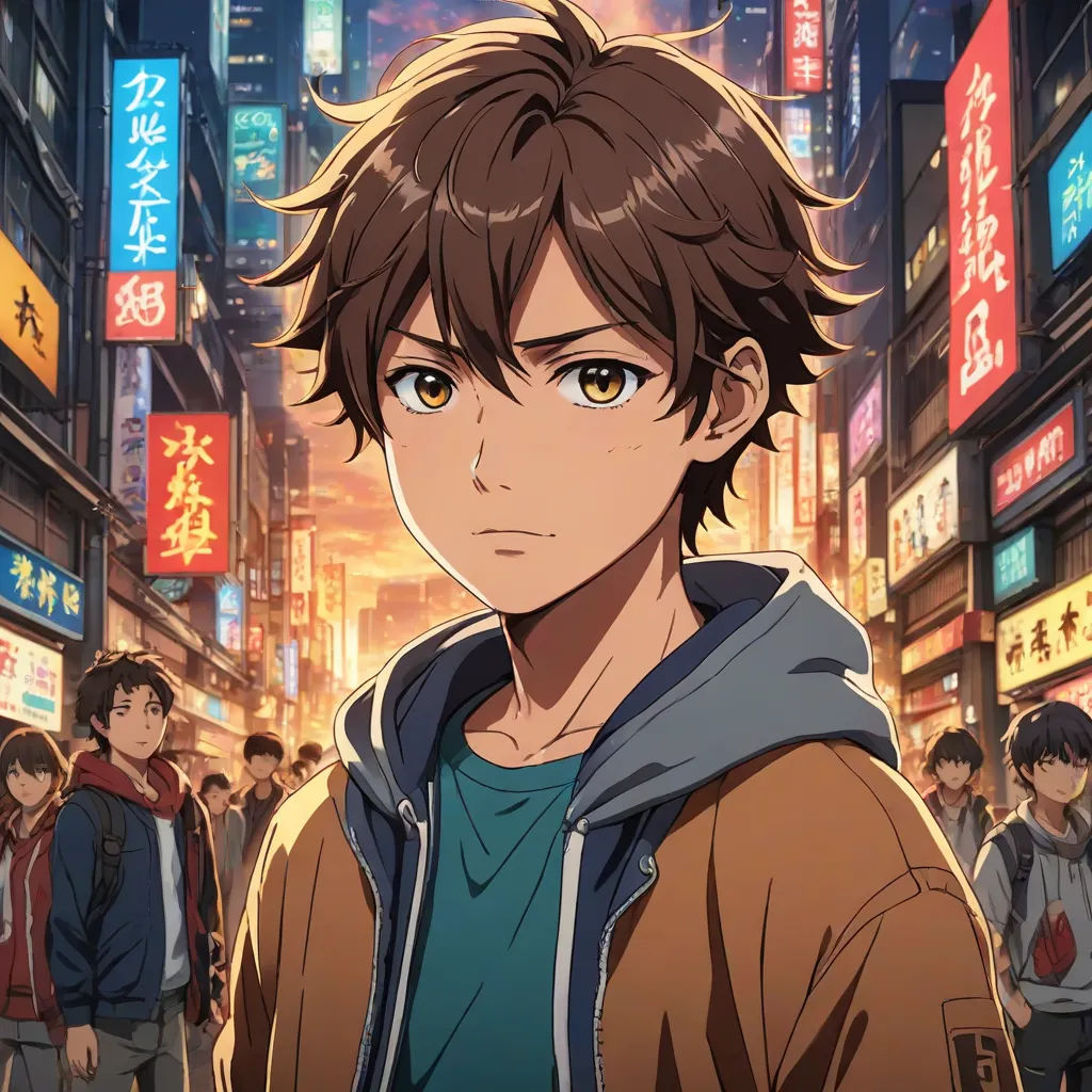 a man in a city with a lot of signs in the background and a person standing in the foreground, Ai-Mitsu, aestheticism, a character portrait, anime key visual