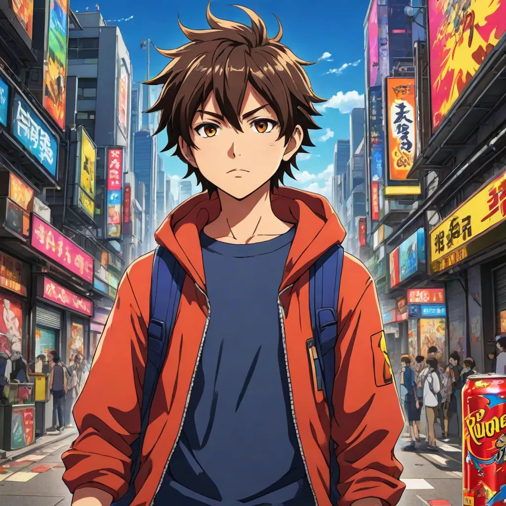 a man in a red jacket standing in front of a street with a can of soda in front of him, Cedric Seaut (Keos Masons), shock art, a character portrait, anime key visual