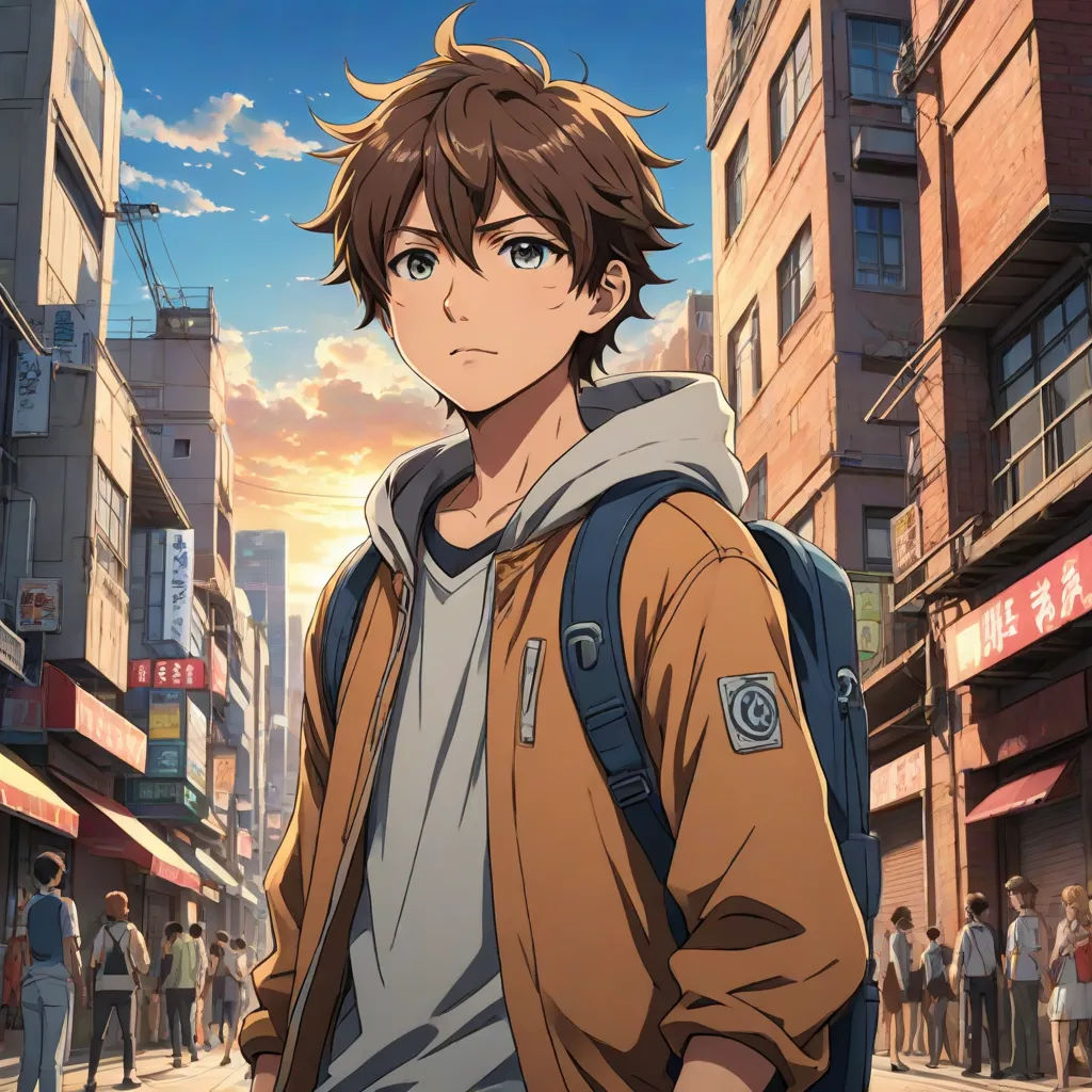 a man with a backpack standing in the middle of a street in front of a crowd of people in a city, Cedric Seaut (Keos Masons), visual art, concept art, anime key visual