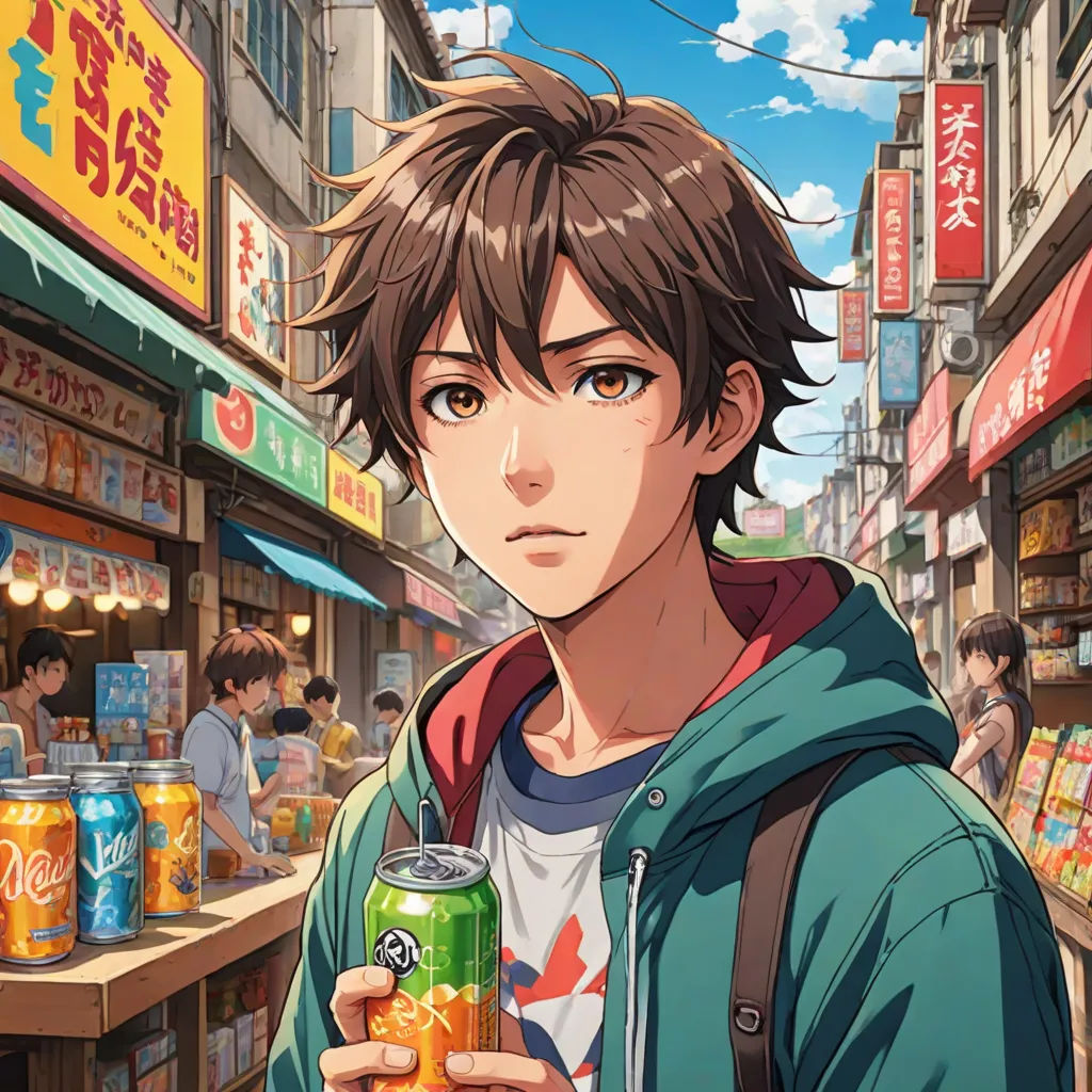 a man holding a can of soda in a street with people walking by and shops in the background with signs, Adam Manyoki, hyperrealism, a character portrait, official art