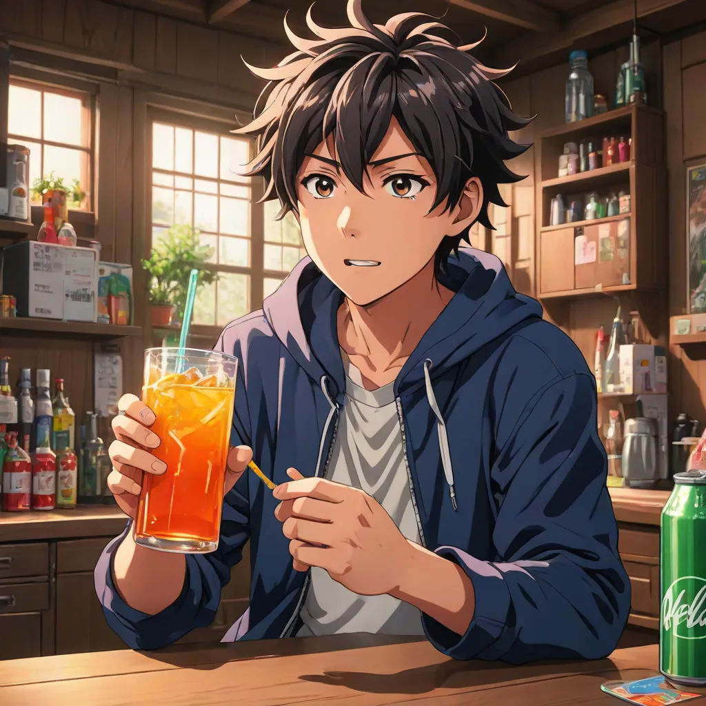 a man holding a glass of orange juice in a bar with a green can of soda in front of him, Aguri Uchida, sots art, a stock photo, official art