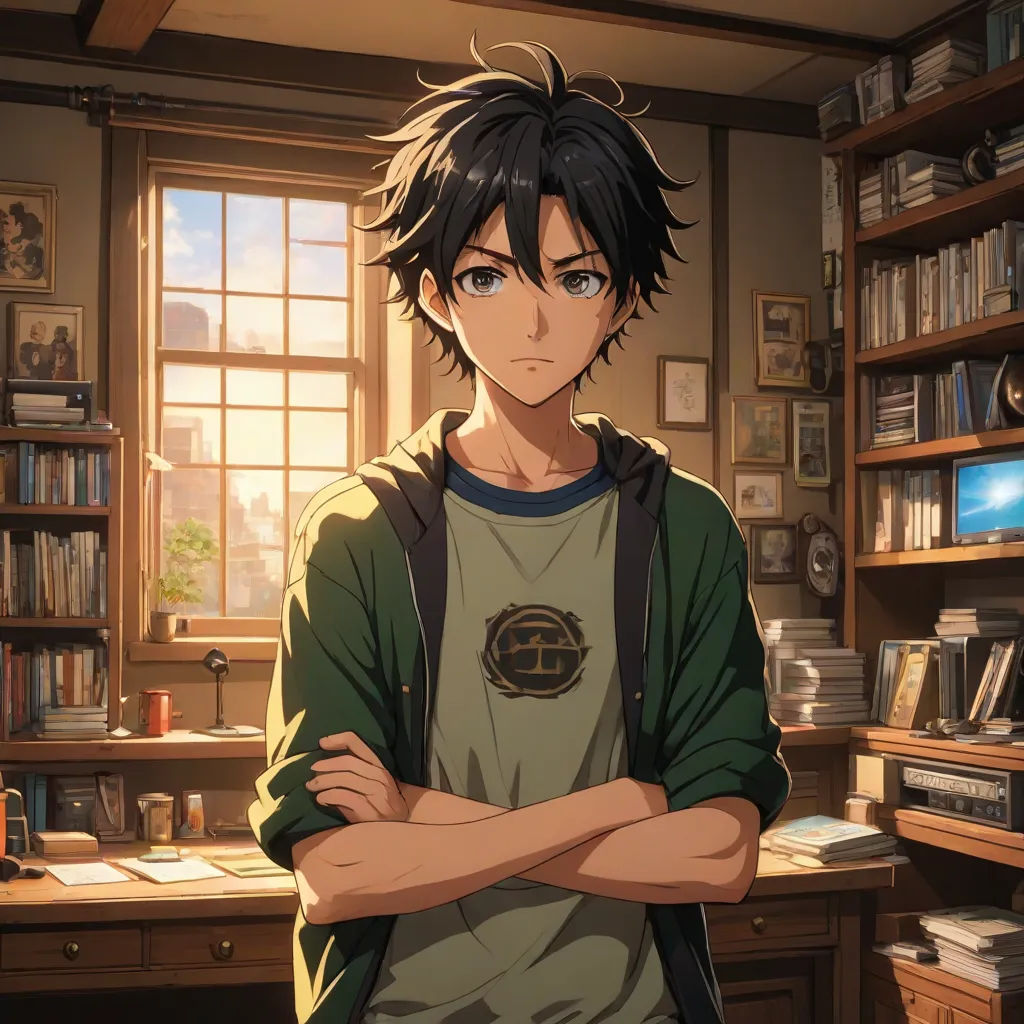 a man standing in front of a desk with his arms crossed in front of him, in a room with a bookcase full of books, Aguri Uchida, sots art, a character portrait, official art