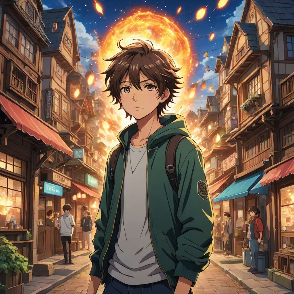 a man standing in front of a building with a sky background and a sun in the background with a person standing in front of him, Ai-Mitsu, visual art, concept art, anime key visual